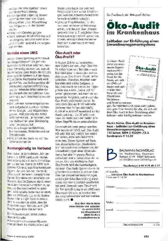 Vorschauseite 3: Luxus oder Notwendigkeit? Öko-Audit im Krankenhaus ist auch in Zeiten knapper Kassen sinnvoll