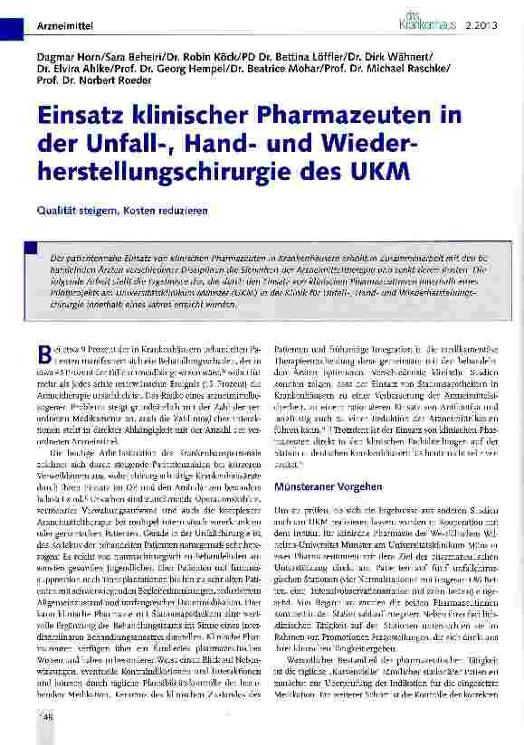 Vorschauseite 1: Einsatz klinischer Pharmazeuten in der Unfall-, Handund Wiederherstellungschirurgie des UKM