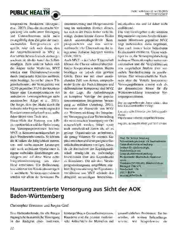 Vorschauseite 1: Hausarztzentrierte Versorgung aus Sicht der AOK Baden-Württemberg