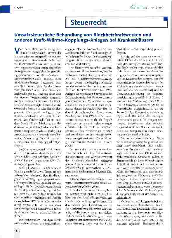 Vorschauseite 1: Umsatzsteuerliche Behandlung von Blockheizkraftwerken und anderen Kraft-Wärme-Kopplungs-Anlagen bei Krankenhäusern