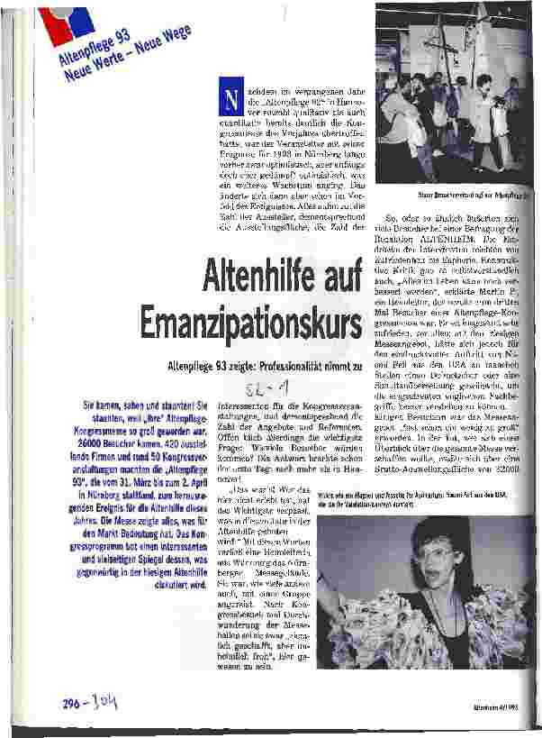 Vorschauseite 1: Altenhilfe auf Emanzipationskurs Altenpflege 93 zeigte: Professionalität nimmt zu