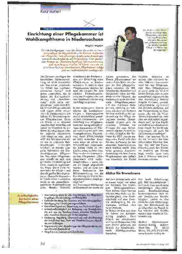 Vorschauseite 1: Einrichtung einer Pflegekammer ist Wahlkampfthema in Niedersachsen