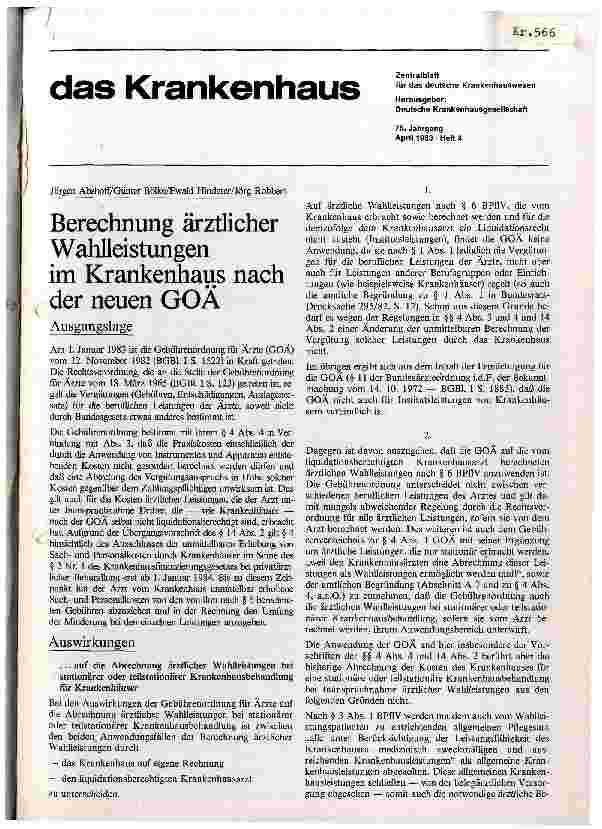 Vorschauseite 1: Berechnung ärztlicher Wahlleistungen im Krankenhaus nach der neuen GÖV