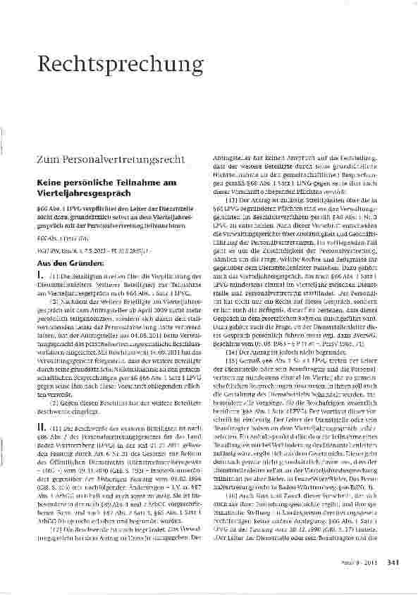 Vorschauseite 1: Keine persönliche Teilnahme am Vierteljahresgespräch § 66 Abs. 1 LPVG verpflichtet den Leiter der Dienststelle