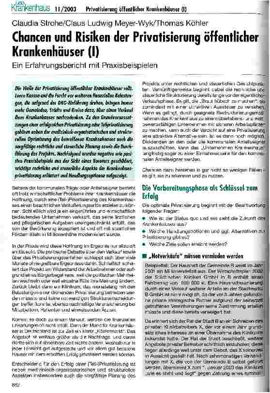 Vorschauseite 1: Chancen und Risiken der Privatisierung öffentlicher Krankenhäuser (I) Ein Erfahrungsbericht mit Praxisbeispielen