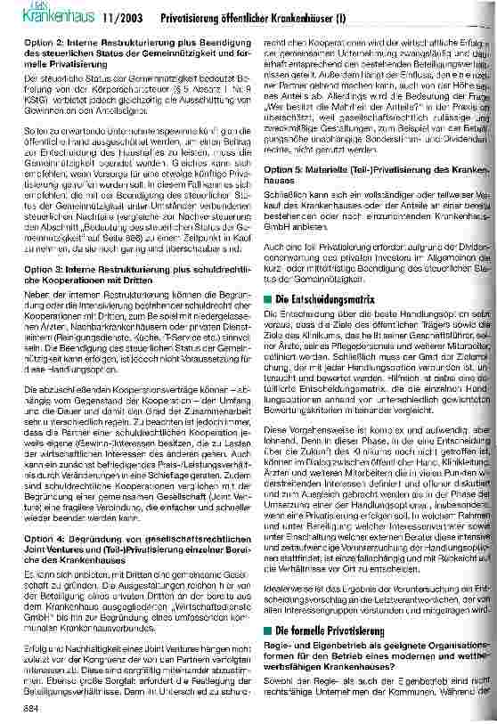 Vorschauseite 3: Chancen und Risiken der Privatisierung öffentlicher Krankenhäuser (I) Ein Erfahrungsbericht mit Praxisbeispielen