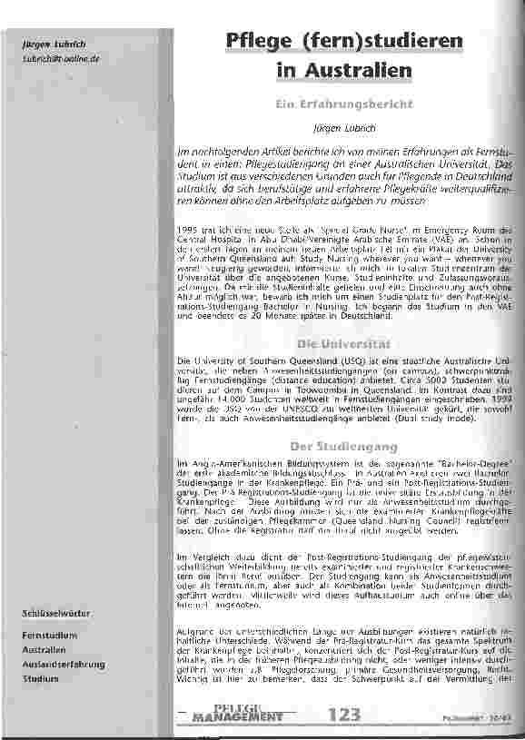 Vorschauseite 1: Pflege (fern)studieren in Australien Ein Erfahrungsbericht