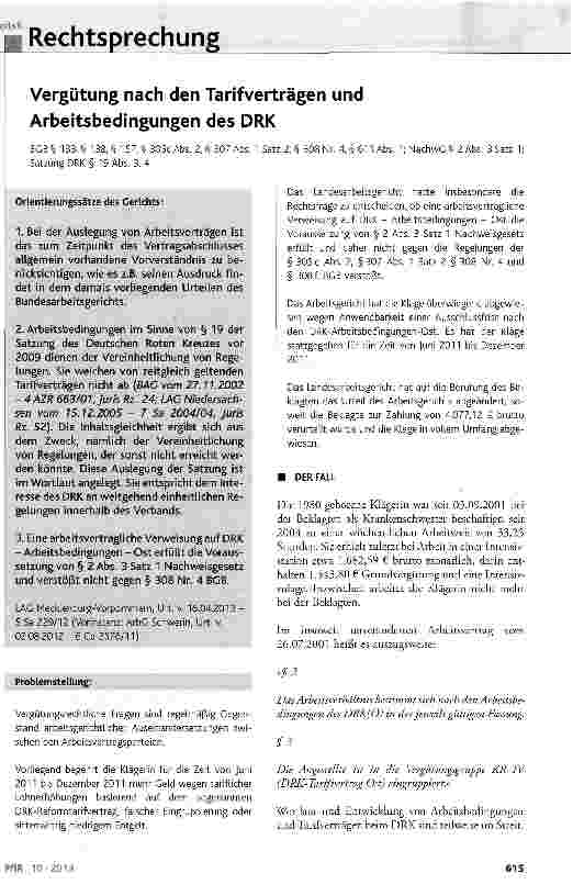 Vorschauseite 1: Vergütung nach den Tarifverträgen und Arbeitsbedingungen des DRK BGB§ 133, § 138, § 157, § 305c Abs. 2, § 307 Abs. 1 Satz 2; § 308 Nr. 4, § 611 Abs. 1;NachwG§ 2 Abs. 3 Satz 1; Sat…