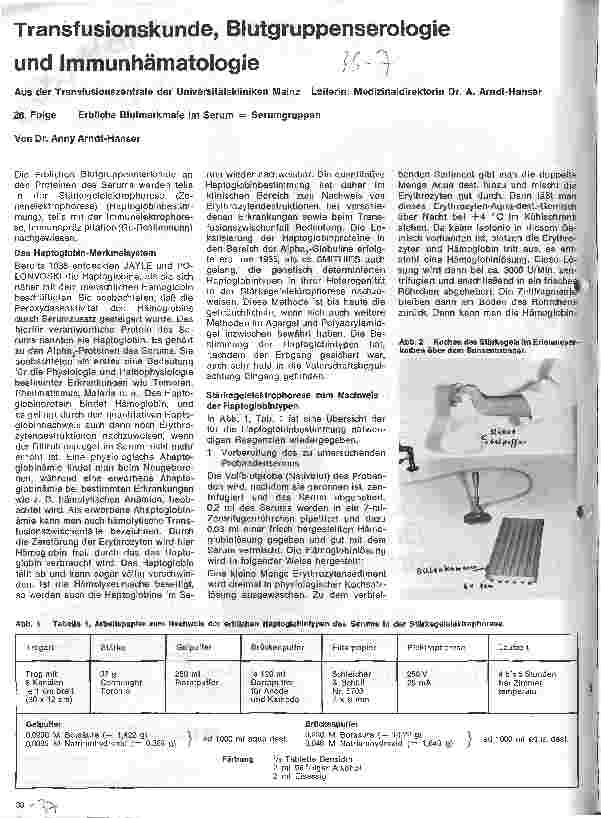 Vorschauseite 1: Transfusionskunde, Blutgruppenserologie und Immunhämatologie 26.Folge: Erbliche Blutmerkmale im Serum = Serumgruppen