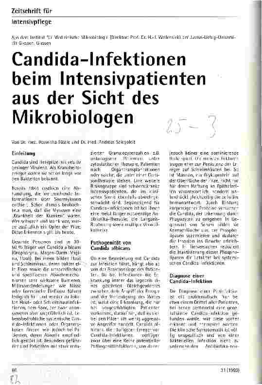 Vorschauseite 1: Candida-Infektionen beim Intensivpatienten aus der Sicht des Mikrobiologen. Institut für Mikrobiologie, Universität Gießen