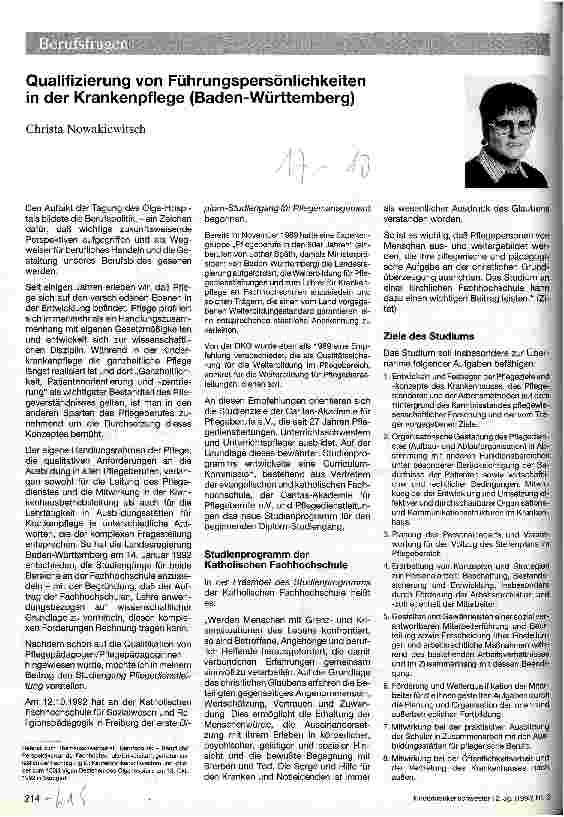 Vorschauseite 1: Qualifizierung von Führungspersönlichkeiten in der Krankenpflege (Baden Württemberg)