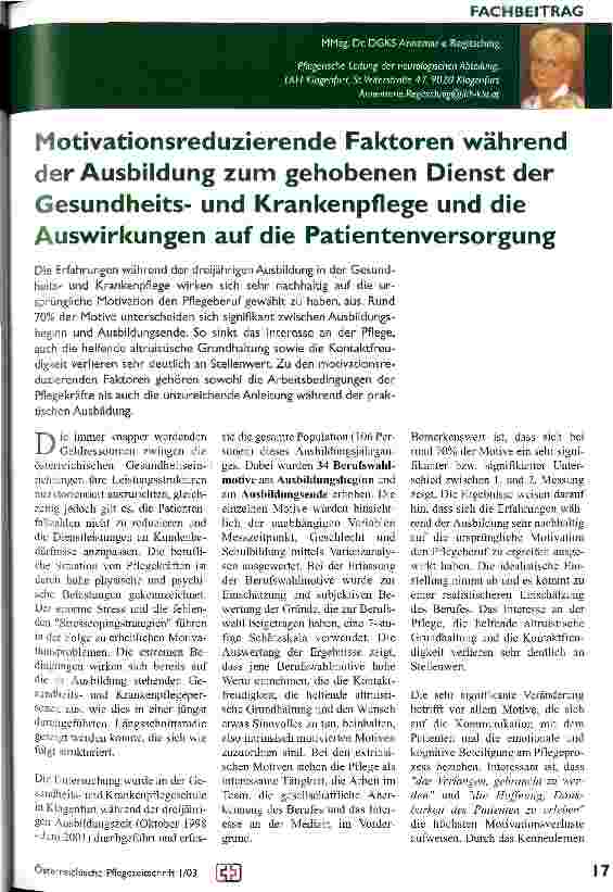 Vorschauseite 1: Motivationsreduzierende Faktoren während der Ausbildung zum gehobenen Dienst der Gesundheitsund Krankenpflege und die Auswirkungen auf die Patientenversorgung