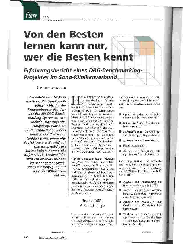 Vorschauseite 1: Von den Besten lernen kann nur, wer die Besten kennt Erfahrungsbericht eines DRG-Benchmarking-Projektes im Sana-Klinikverbund
