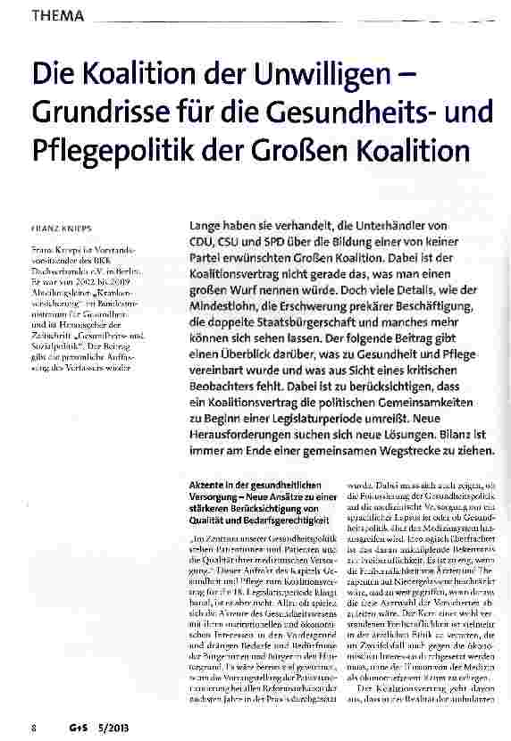 Vorschauseite 1: Die Koalition der Unwilligen -Grundrisse für die Gesundheitsund Pflegepolitik der Großen Koalition