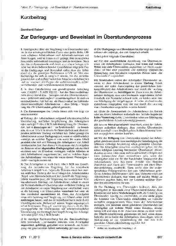 Vorschauseite 1: Zur Darlegungsund Beweislast im Überstundenprozess