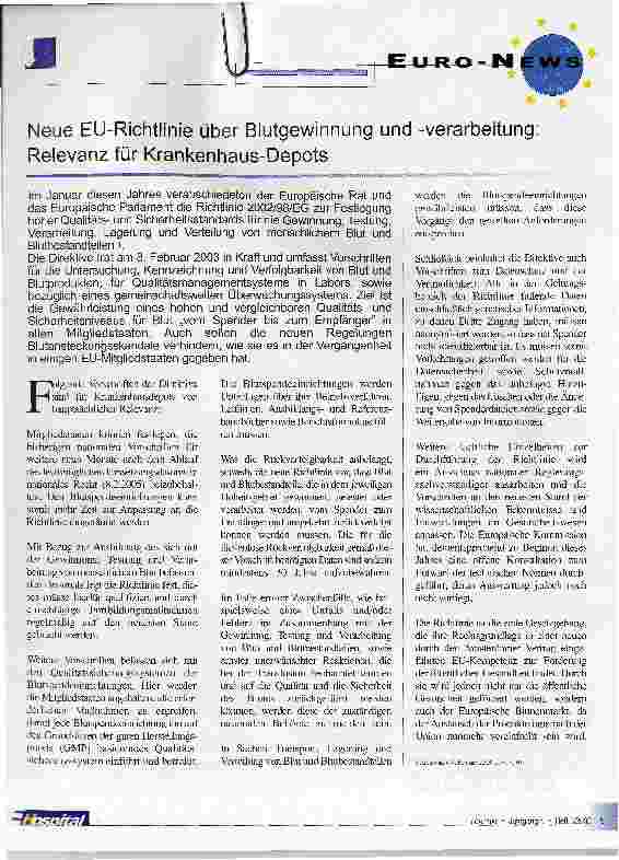 Vorschauseite 1: Neue EU-Richtlinie über Blutgewinnung und -verarbeitung: Relevanz für Krankenhaus-Depots