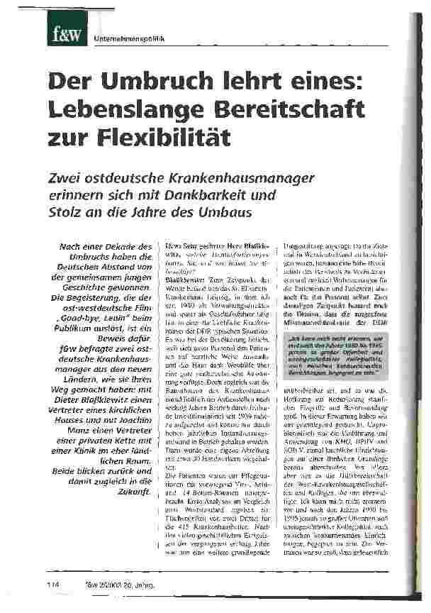Vorschauseite 1: Der Umbruch lehrt eines: Lebenslange Bereitschaft zur Flexibilität Zwei ostdeutsche Krankenhausmanager erinnern sich mit Dankbarkeit und Stolz an die Jahre des Umbaus