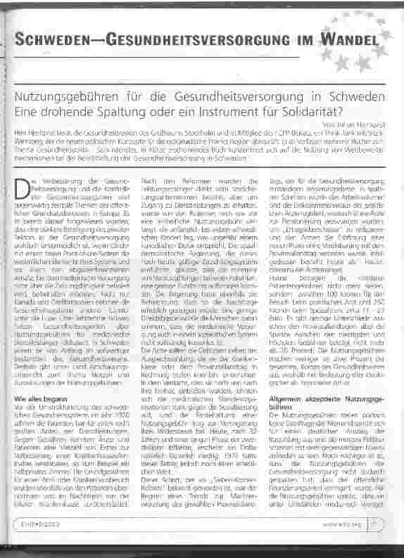 Vorschauseite 1: Nutzungsgebühren für die Gesundheitsversorgung in Schweden Eine drohende Spaltung oder ein Instrument für Solidarität?