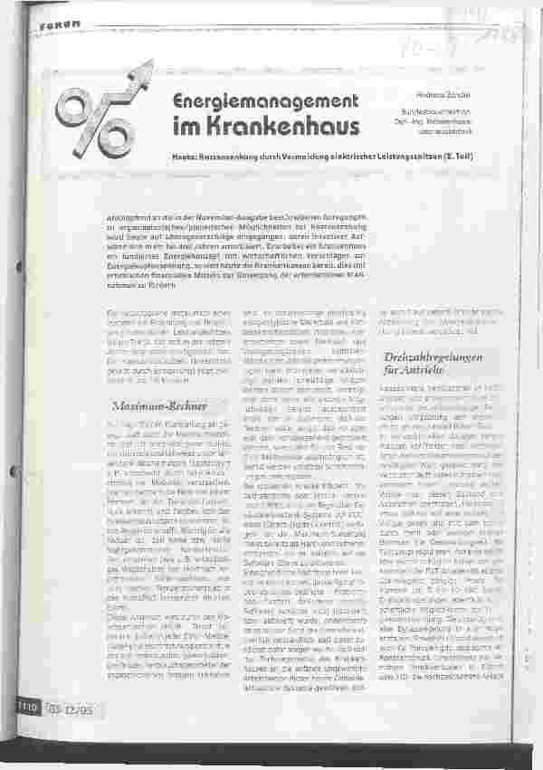 Vorschauseite 1: Energiemanagement im Krankenhaus Heute: Kostensenkung durch Vermeidung el.Leistungsspitzen Teil 2