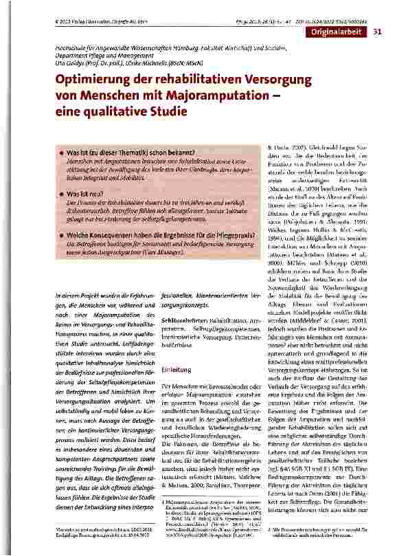 Vorschauseite 1: Optimierung der rehabilitativen Versorgung von Menschen mit Majoramputation -eine qualitative Studie