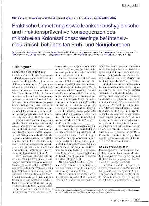 Vorschauseite 1: Praktische Umsetzung sowie krankenhaushygienische und infektionspräventive Konsequenzen des mikrobiellen Kolonisationsscreenings bei intensivmedizinisch behandelten Frühund Neugeb…