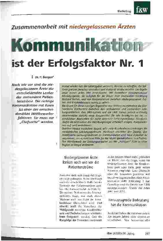 Vorschauseite 1: Zusammenarbeit mit niedergelassenen Ärzten Kommunikation ist der Erfolgsfaktor Nr. 1
