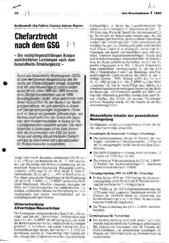 Vorschauseite 1: Chefarztrecht nach dem GesundheitsStrukturGesetz Die nichtpflegesatzfähigen Kosten wahlärztlicher Leistungen