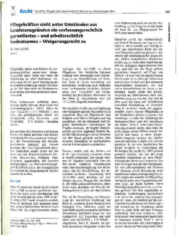 Vorschauseite 1: Pflegekräften steht unter Umständen aus Gewissensgründen ein verfassungsrechtlich garantiertes - und arbeitsrechtlich bedeutsames - Weigerungsrecht zu
