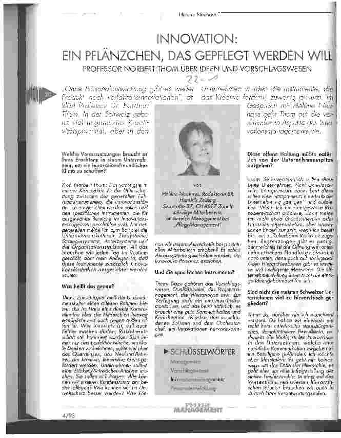 Vorschauseite 1: Innovation: Ein Pflänzchen, das gepflegt werden will Prof. Norbert Thom über Ideen und Vorschlagswesen