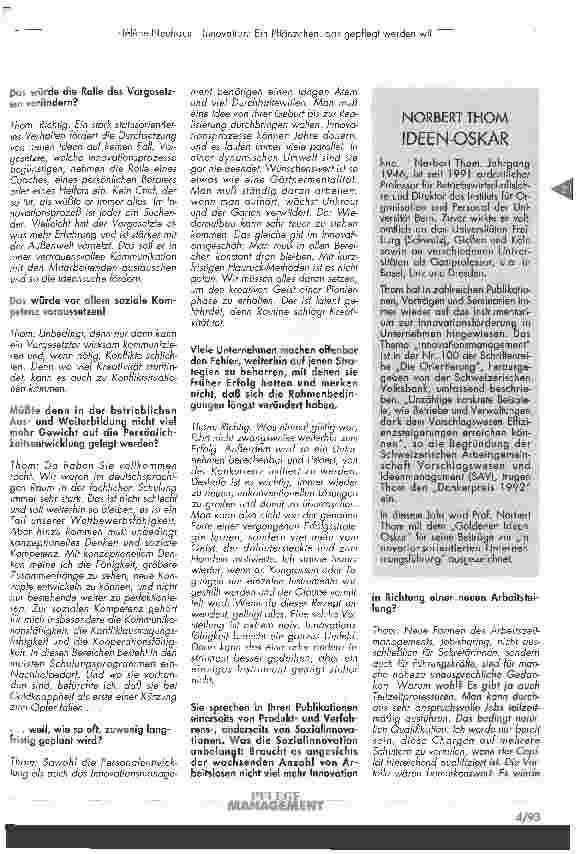 Vorschauseite 2: Innovation: Ein Pflänzchen, das gepflegt werden will Prof. Norbert Thom über Ideen und Vorschlagswesen