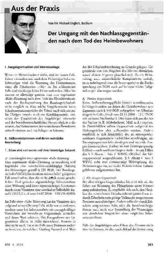 Vorschauseite 1: Der Umgang mit den Nachlassgegenstän den nach dem Tod des Heimbewohners