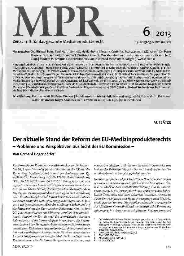 Vorschauseite 1: Der aktuelle Stand der Reform des EU-Medizinprodukterechts- Probleme und Perspektiven aus Sicht der EU Kommission -
