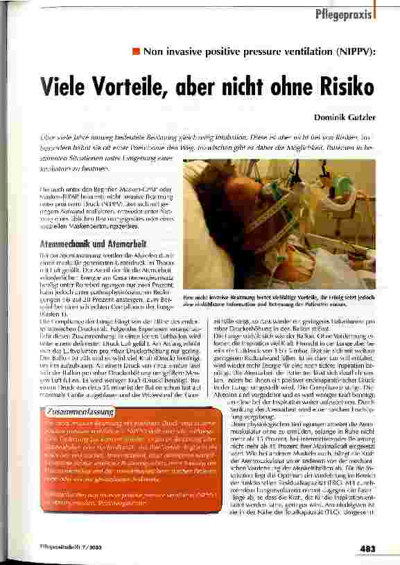 Vorschauseite 1: Viele Vorteile, aber nicht ohne Risiko Non invasive positive pressure ventilation (NIPPV)