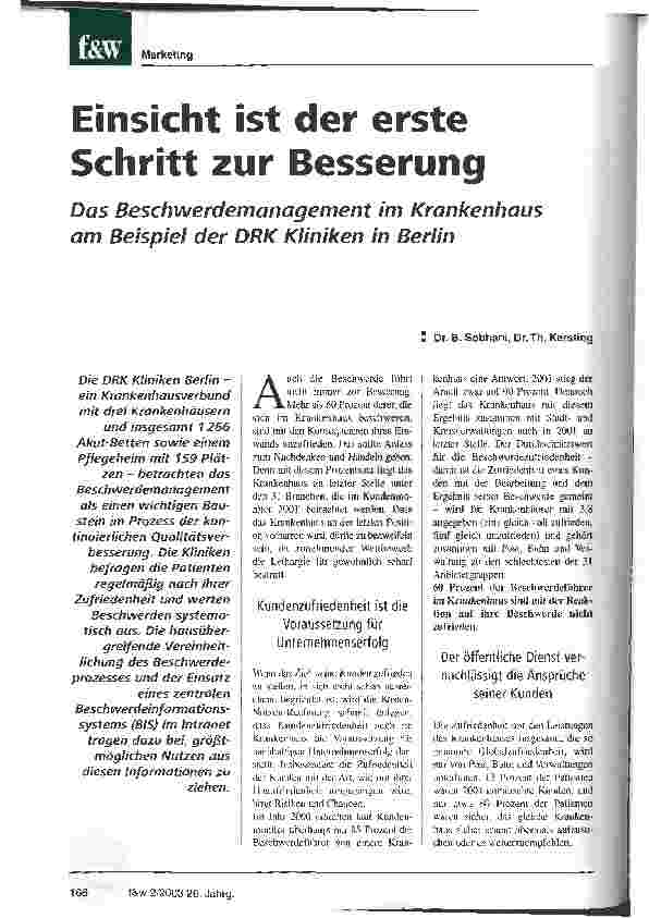 Vorschauseite 1: Einsicht ist der erste Schritt zur Besserung Das Beschwerdemanagement im Krankenhaus am Beispiel der DRK Kliniken in Berlin