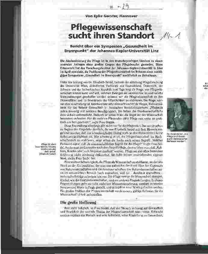 Vorschauseite 1: Pflegewissenschaft sucht ihren Standort Bericht über Symposium Gesundheit im Brennpunkt J-K-Uni, Linz