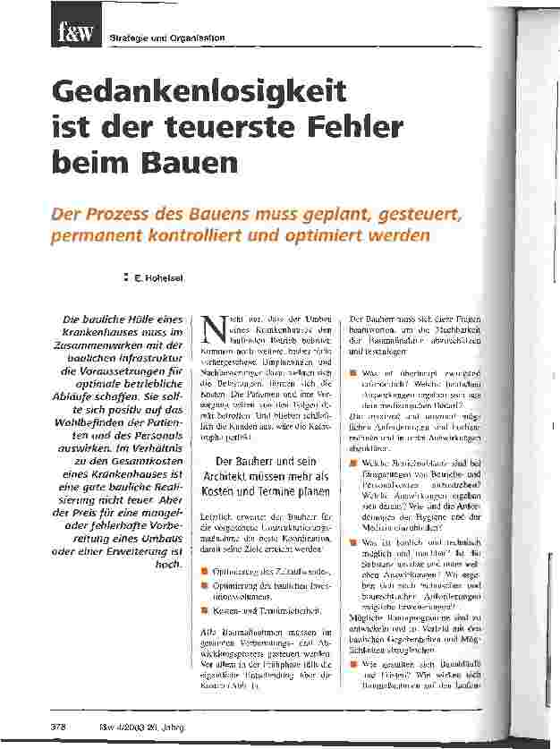 Vorschauseite 1: Gedankenlosigkeit ist der teuerste Fehler beim Bauen Der Prozess des Bauens muss geplant, gesteuert, permanent kontrolliert und optimiert werden