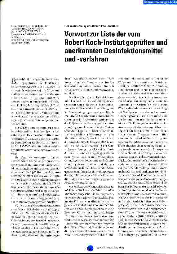 Vorschauseite 1: Vorwort zur Liste der vom Robert-Koch-Institut geprüften und anerkannten Desinfektionsmittel und -verfahren Bekanntmachung