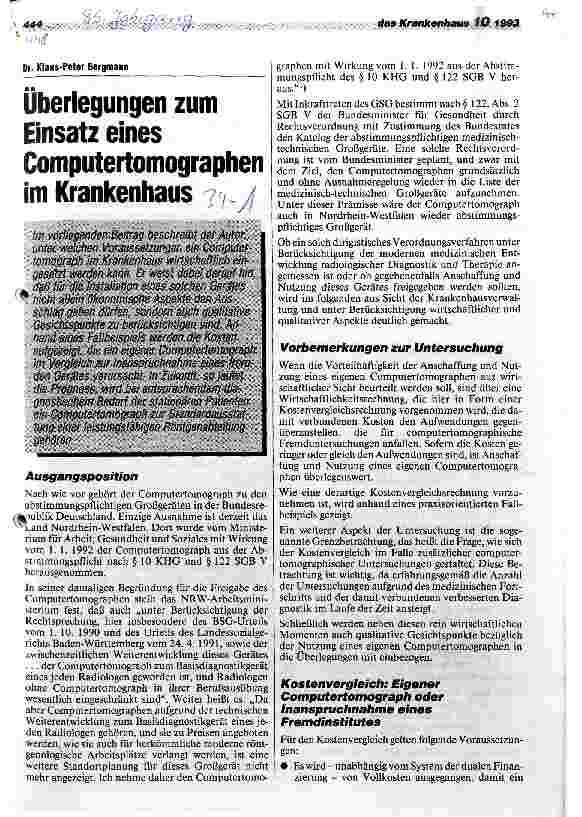 Vorschauseite 1: Überlegungen zum Einsatz eines Computertomographen im Krankenhaus