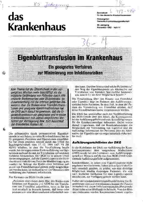 Vorschauseite 1: Eigenbluttransfusion im Krankenhaus Ein geeignetes Verfahren zur Minimierung von Infektionsrisiken