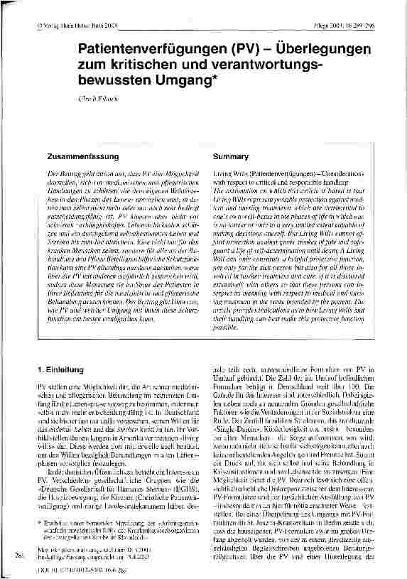 Vorschauseite 1: Patientenverfügungen (PV) - Überlegungen zum kritischen und verantwortungsbewussten Umgang