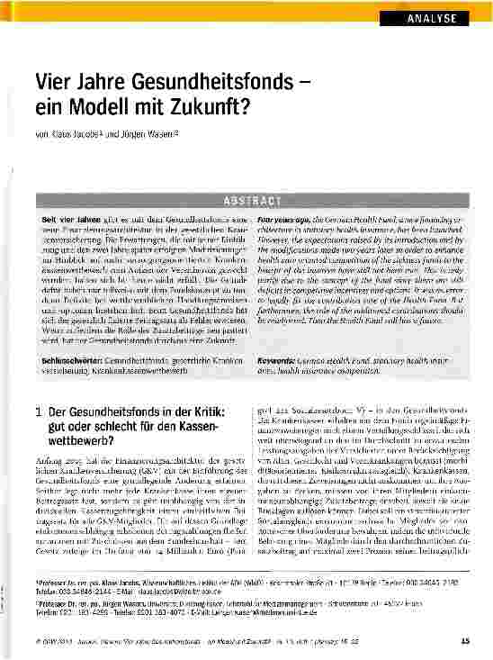Vorschauseite 1: Vier Jahre Gesundheitsfonds ein Modell mit Zukunft?