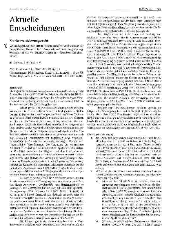 Vorschauseite 1: Krankenversicherungsrecht Versandapotheke mit Sitz in einem anderen Mitgliedstaat der Europäischen Union - kein Anspruch auf Erstattung des sog. Hers teil errabatts bei Einzelvert…