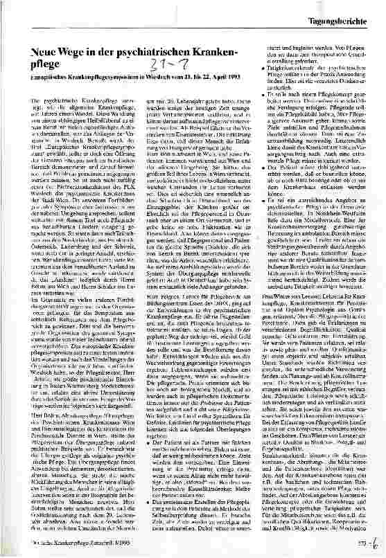 Vorschauseite 1: Neue Wege in der psychiatrischen Krankenpflege Europäisches Krankenpflegesymposium Wiesloch, 04/93 Tagungsbericht