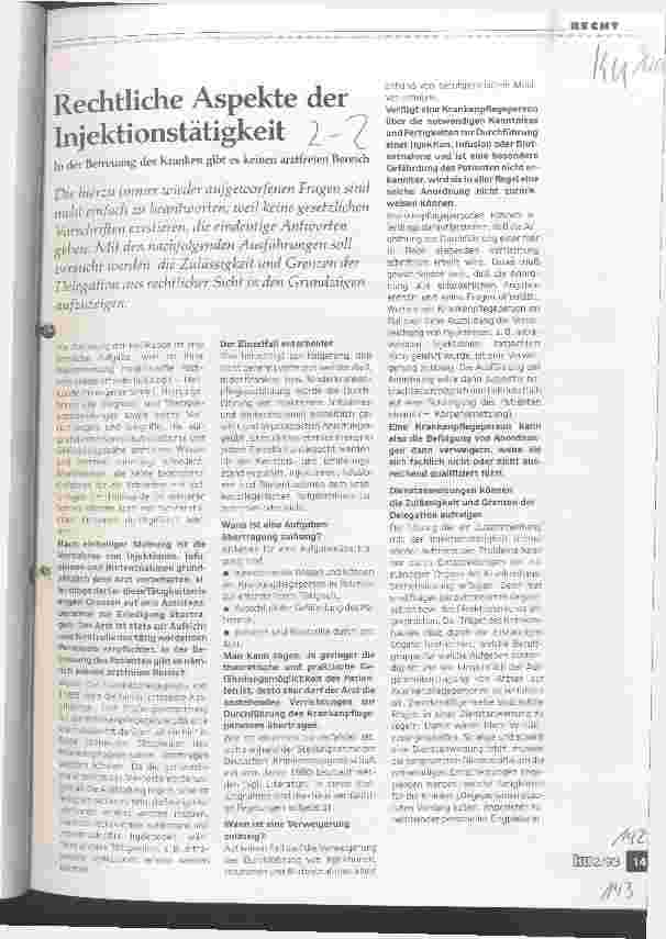 Vorschauseite 1: Rechtliche Aspekte der Injektionstätigkeit In der Betreuung des Kranken gibt es keinen arztfreien Bereich