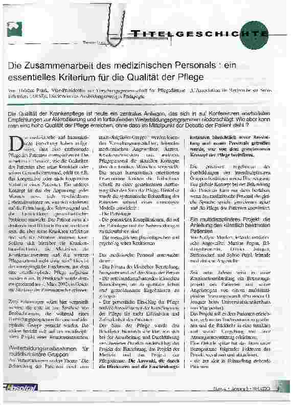 Vorschauseite 1: Die Zusammenarbeit des medizinischen Personals : ein essentielles Kriterium für die Qualität der Pflege
