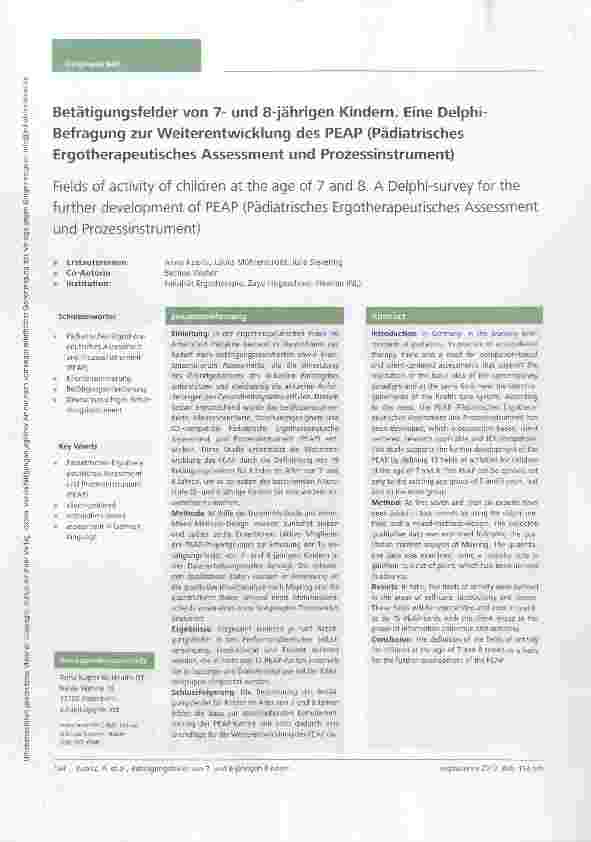 Vorschauseite 1: Betätigungsfelder von 7- und 8-jährigen Kindern. Eine Delphi-Befragung zur Weiterentwicklung des PEAP (Pädiatrisches Ergotherapeutisches Assessment und Prozessinstrument)