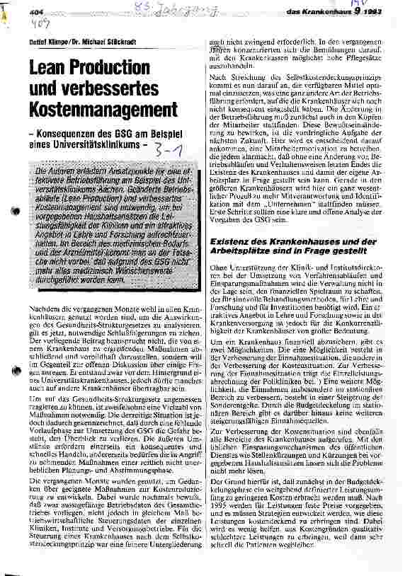 Vorschauseite 1: Lean Production und verbessertes Kostenmanagement Konsequenzen des GSG am Beispiel eines UniKlinikums