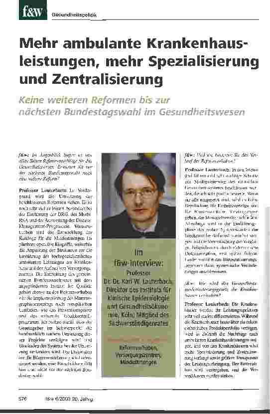 Vorschauseite 1: Mehr ambulante Krankenhausleistungen, mehr Spezialisierung und Zentralisierung Keine weiteren Reformen bis zur nächsten Bundestagswahl im Gesundheitswesen