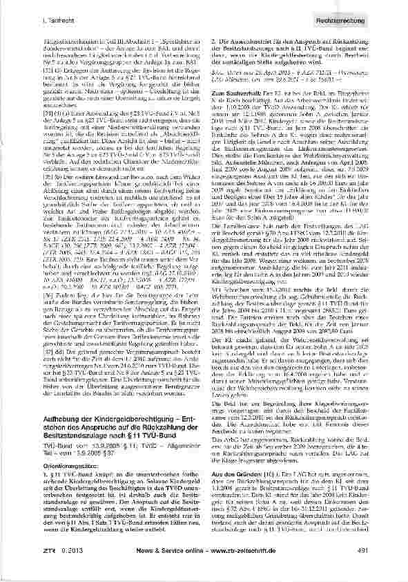 Vorschauseite 1: Aufhebung der Kindergeldberechtigung - Entstehen des Anspruchs auf die Rückzahlung der Besitzstandszulage nach §11 TVÜ-Bund TVÜ-Bund vom 13.9.2005 §11; TVöD - Allgemeiner Teil-vom…