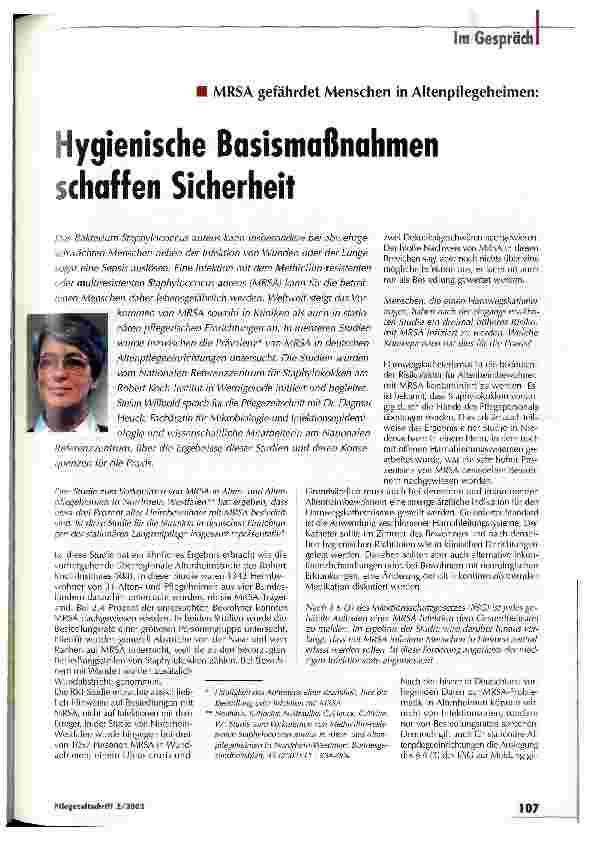 Vorschauseite 1: Hygienische Basismaßnahmen schaffen Sicherheit MRSA gefährdet Menschen in Altenpflegeheimen